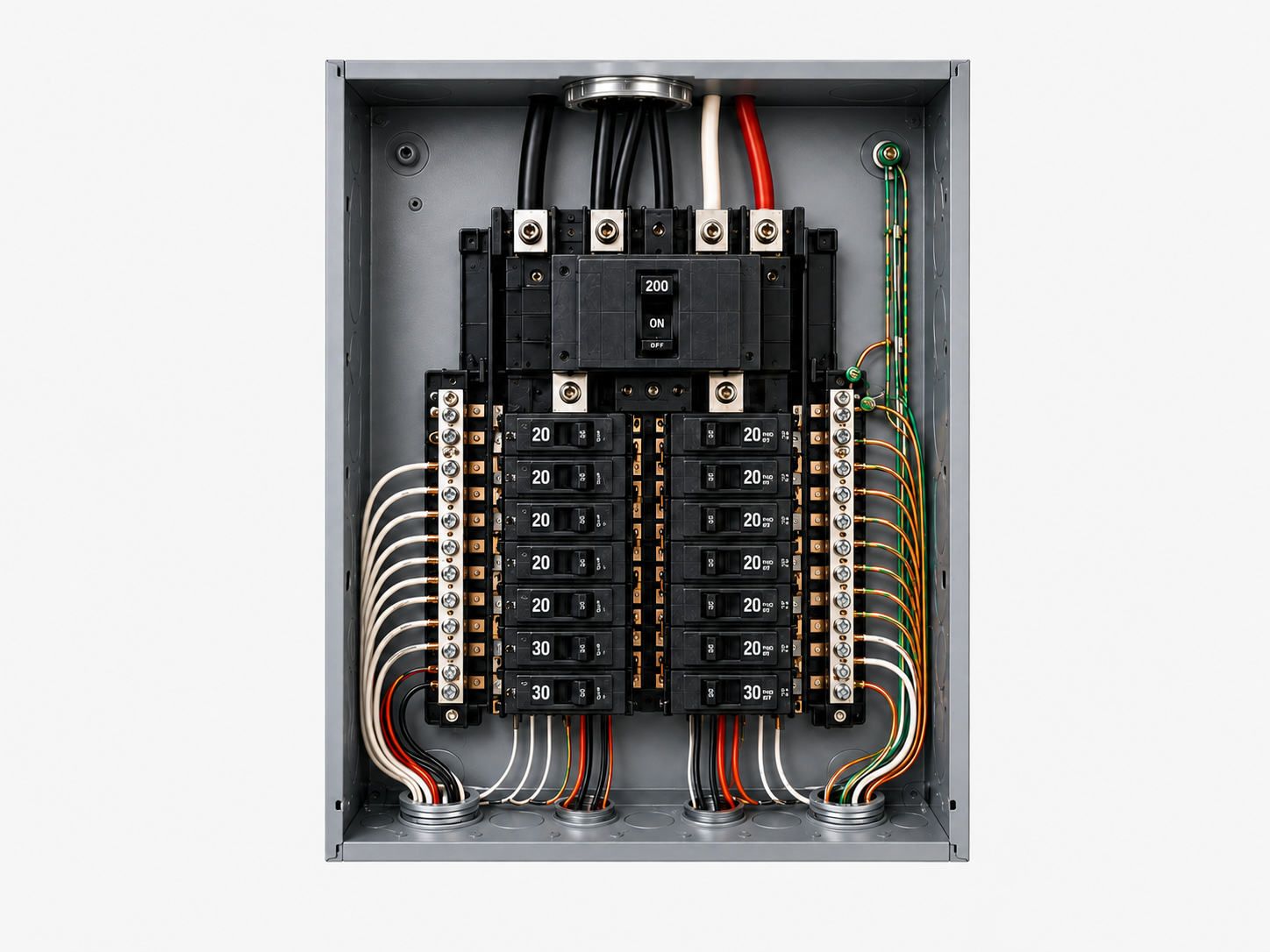 Open residential electrical panel showing the main breaker, branch breakers, wiring, neutral bar and grounding components